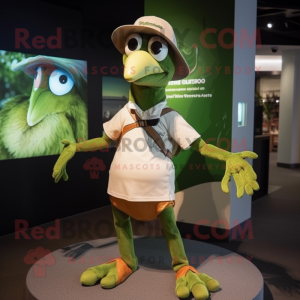 Olive Archeopteryx mascot costume character dressed with a Polo Tee and Hat pins