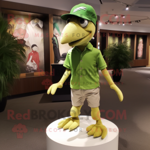 Olive Archeopteryx mascot costume character dressed with a Polo Tee and Hat pins