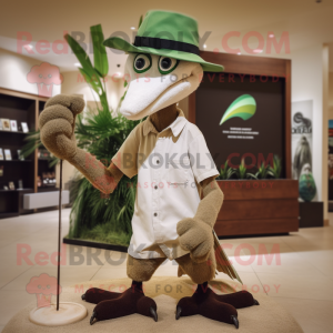 Olive Archeopteryx mascot costume character dressed with a Polo Tee and Hat pins