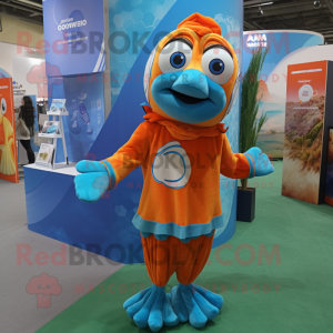 Cyan Clown Fish mascot costume character dressed with a Cover-up and Pocket squares