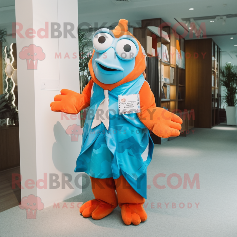 Cyan Clown Fish mascot costume character dressed with a Cover-up and Pocket squares