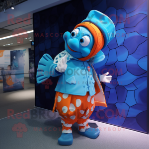 Cyan Clown Fish mascot costume character dressed with a Cover-up and Pocket squares