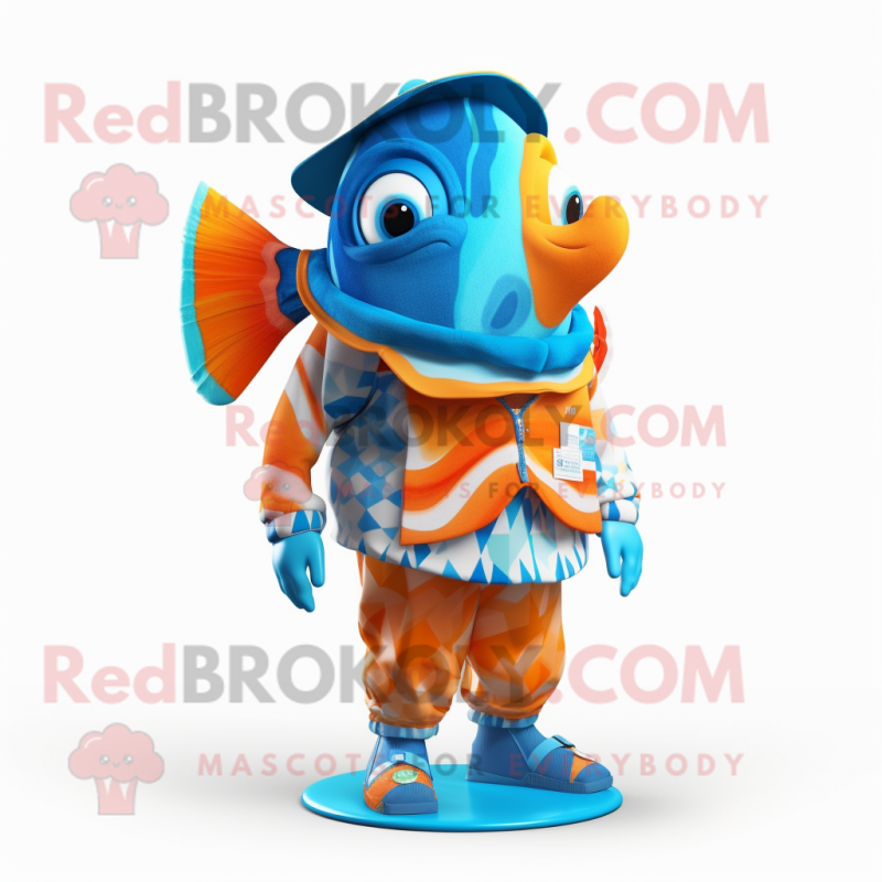 Cyan Clown Fish mascot costume character dressed with a Cover-up and Pocket squares