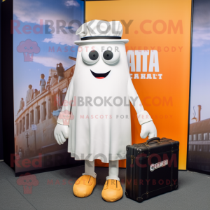 White Fried Calamari mascot costume character dressed with a T-Shirt and Briefcases