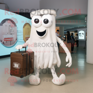 White Fried Calamari mascot costume character dressed with a T-Shirt and Briefcases