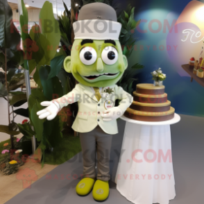Olive Wedding Cake mascot costume character dressed with a Chinos and Brooches
