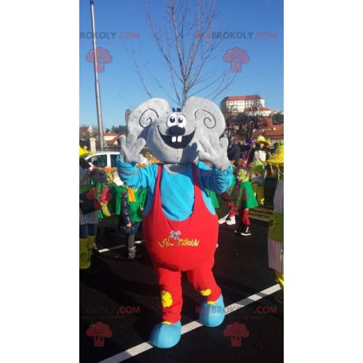 Maskottchen riesige graue Maus in Overalls gekleidet -