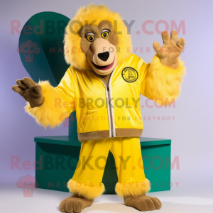 Lemon Yellow Baboon mascot costume character dressed with a Jacket and Gloves