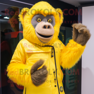 Lemon Yellow Baboon mascot costume character dressed with a Jacket and Gloves