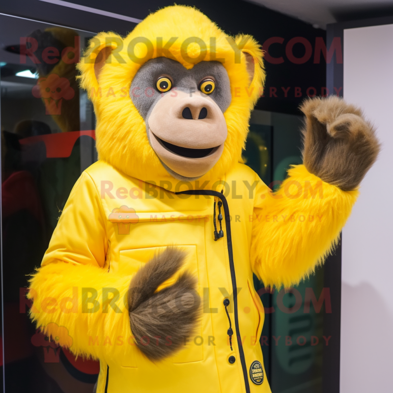 Lemon Yellow Baboon mascot costume character dressed with a Jacket and Gloves Lemon Yellow Baboon mascot costume character dressed with a Jacket and Gloves
