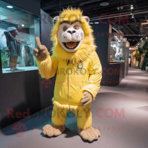 Lemon Yellow Baboon mascot costume character dressed with a Jacket and Gloves