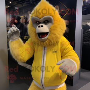 Lemon Yellow Baboon mascot costume character dressed with a Jacket and Gloves