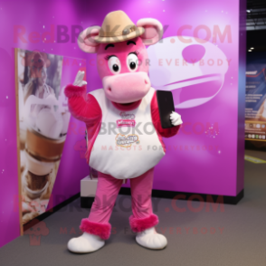 Pink Beef Stroganoff mascot costume character dressed with a Skinny Jeans and Coin purses