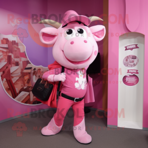 Pink Beef Stroganoff mascot costume character dressed with a Skinny Jeans and Coin purses