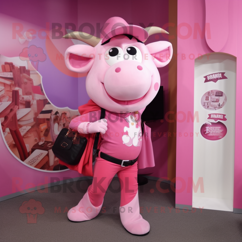 Pink Beef Stroganoff mascot costume character dressed with a Skinny Jeans and Coin purses Pink Beef Stroganoff mascot costume character dressed with a Skinny Jeans and Coin purses