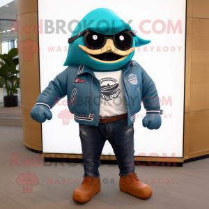 Teal Fish Tacos mascot costume character dressed with a Biker Jacket and Shoe clips