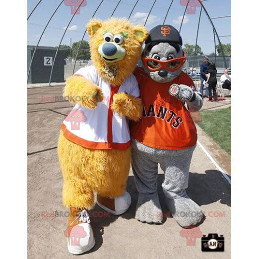 2 mascotte: un orso beige e un leone marino grigio -