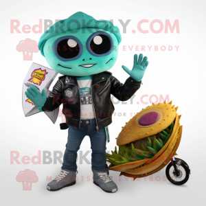 Teal Fish Tacos mascot costume character dressed with a Biker Jacket and Shoe clips