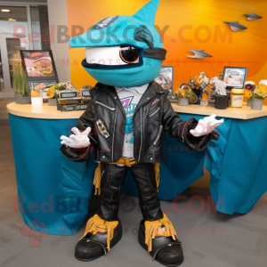 Teal Fish Tacos mascot costume character dressed with a Biker Jacket and Shoe clips