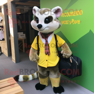 Yellow Civet mascot costume character dressed with a Oxford Shirt and Briefcases