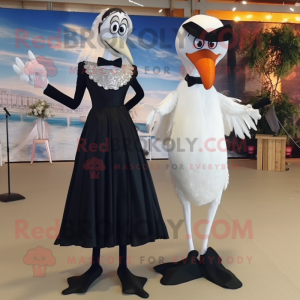 Black Stilt Walker mascot costume character dressed with a Wedding Dress and Shoe clips