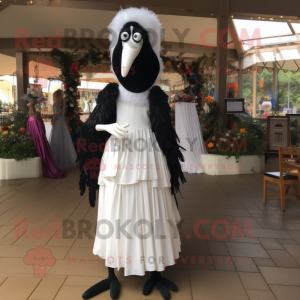 Black Stilt Walker mascot costume character dressed with a Wedding Dress and Shoe clips