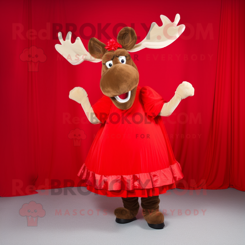 Red Moose mascot costume character dressed with a Ball Gown and Cummerbunds