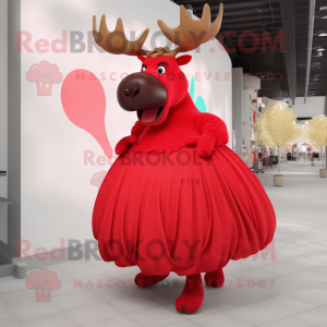 Red Moose mascot costume character dressed with a Ball Gown and Cummerbunds