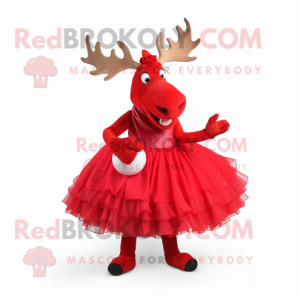 Red Moose mascot costume character dressed with a Ball Gown and Cummerbunds