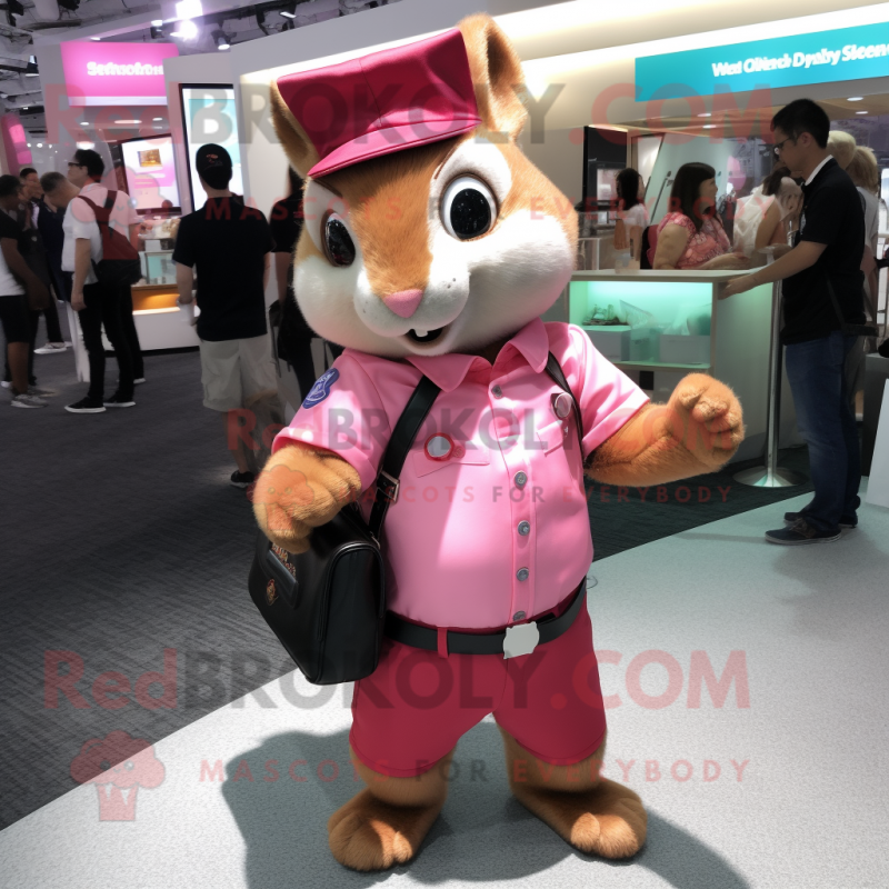 Pink Squirrel mascot costume character dressed with a Button-Up Shirt and Handbags