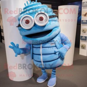 Sky Blue Trilobite mascot costume character dressed with a Vest and Eyeglasses