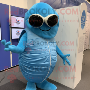 Sky Blue Trilobite mascot costume character dressed with a Vest and Eyeglasses