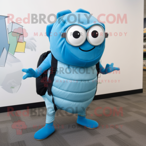 Sky Blue Trilobite mascot costume character dressed with a Vest and Eyeglasses