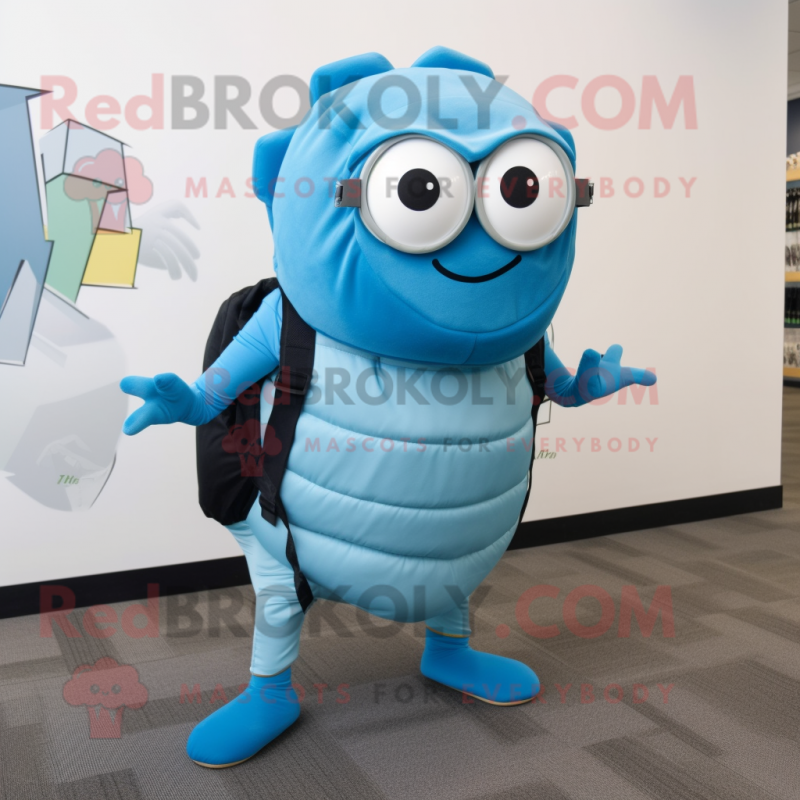 Sky Blue Trilobite mascot costume character dressed with a Vest and Eyeglasses Sky Blue Trilobite mascot costume character dressed with a Vest and Eyeglasses