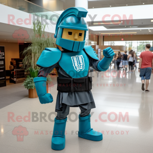Turquoise Spartan Soldier mascot costume character dressed with a Jeans and Hat pins