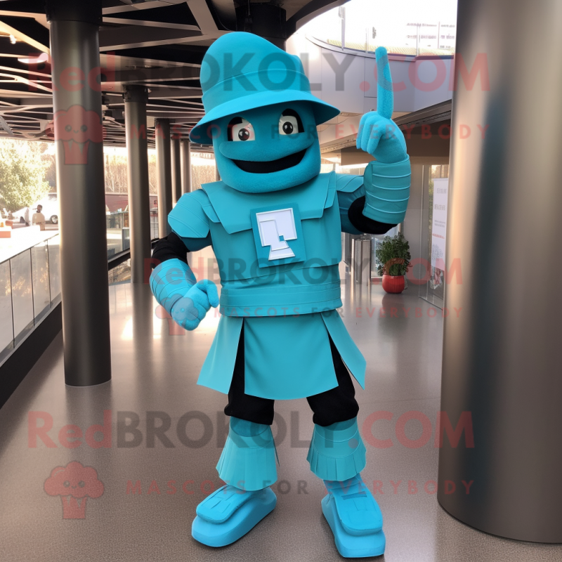 Turquoise Spartan Soldier mascot costume character dressed with a Jeans and Hat pins