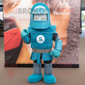 Turquoise Spartan Soldier mascot costume character dressed with a Jeans and Hat pins