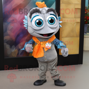 Gray Clown Fish mascot costume character dressed with a Jeans and Scarf clips