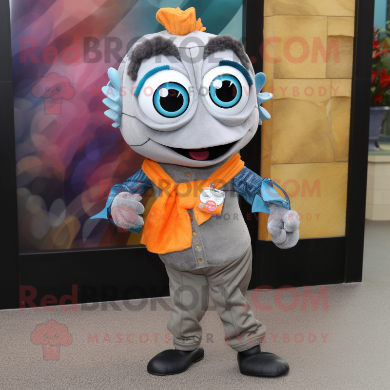 Gray Clown Fish mascot costume character dressed with a Jeans and Scarf clips