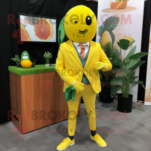 Lemon Yellow Grapefruit mascot costume character dressed with a Blazer and Lapel pins