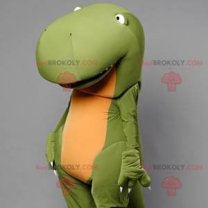 Mascote de dinossauro verde e amarelo incrível e divertido -