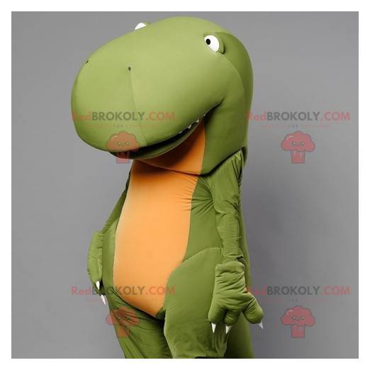 Mascote de dinossauro verde e amarelo incrível e divertido -