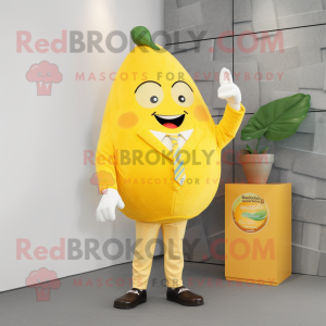 Lemon Yellow Grapefruit mascot costume character dressed with a Blazer and Lapel pins