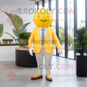Lemon Yellow Grapefruit mascot costume character dressed with a Blazer and Lapel pins