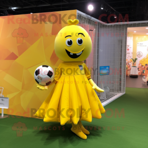 Yellow Soccer Goal mascot costume character dressed with a Ball Gown and Suspenders