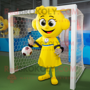 Yellow Soccer Goal mascot costume character dressed with a Ball Gown and Suspenders