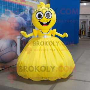 Yellow Soccer Goal mascot costume character dressed with a Ball Gown and Suspenders