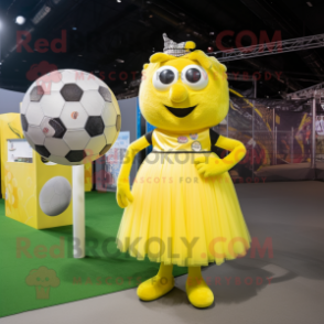 Yellow Soccer Goal mascot costume character dressed with a Ball Gown and Suspenders