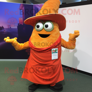 Orange Fajitas mascot costume character dressed with a Wrap Dress and Tie pins