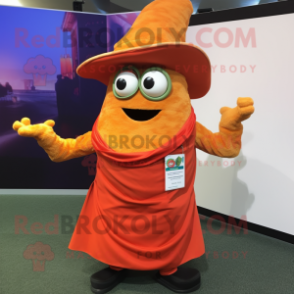 Orange Fajitas mascot costume character dressed with a Wrap Dress and Tie pins
